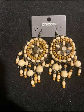 Chico's Beige and Tan Beaded Hoop Fringe Earrings